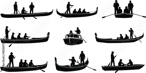 Gondola and Boat Silhouette Collection, Gondolier Rowing Tourists on Water, Transportation, River Travel, and Venice Icon Set, Isolated Vector Design
