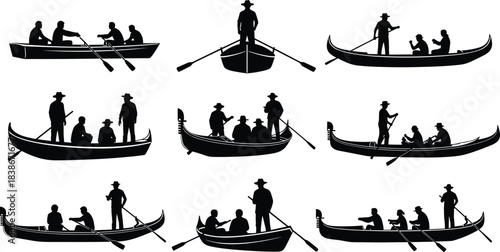 Gondola and Rowing Boat Silhouette Collection, Gondolier Punting Tourists on Water, Transportation, River Travel, and Venice Icon Set, Isolated Vector Design