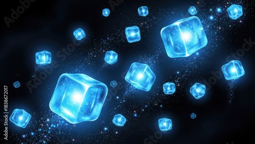 Blue, glowing cubes float in a starry void, creating a futuristic, ethereal scene