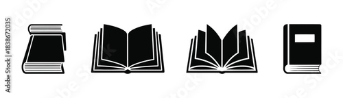 Diverse set of black and white book icons for educational and literary design projects