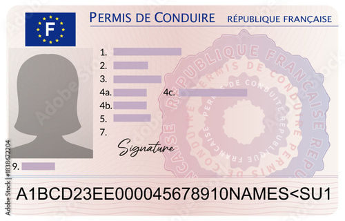 Driving license in France with female silhouette isolated on white background. Person driver license with hidden information