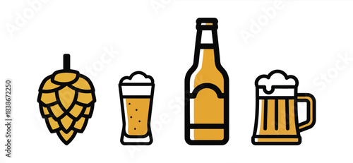 Beer icons hop cone, glass, bottle and mug of beer