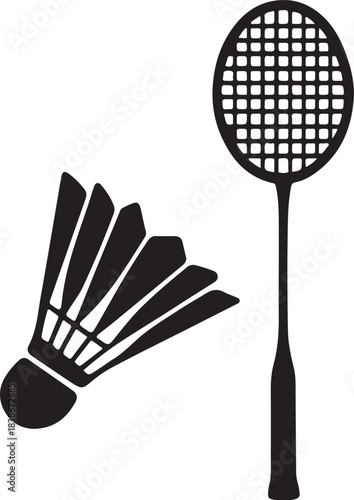 Black and White Badminton Racket and Shuttlecock Silhouette Vector Illustration