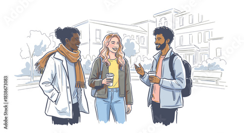 Three diverse young adults engage in a friendly outdoor conversation, holding coffee cups against a subtle university building backdrop, depicting casual social interaction.