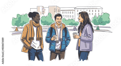 Three diverse students, warmly dressed, enjoy a friendly outdoor conversation with coffee cups on a college campus, embodying campus life and social connection.