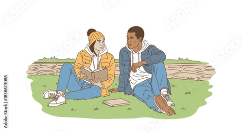 A diverse young couple enjoys a peaceful outdoor moment, sitting on green grass; one reads a book, while the other attentively observes, fostering a connection.