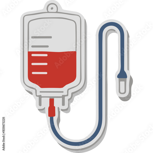 Medical Saline Bag With Red Fluid And Tubing For Blood Transfusion And Intravenous Therapy In A Flat Design Style