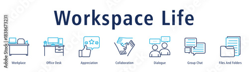 Banner illustrating workplace atmosphere with desks, appreciation, dialogue, teamwork and files.