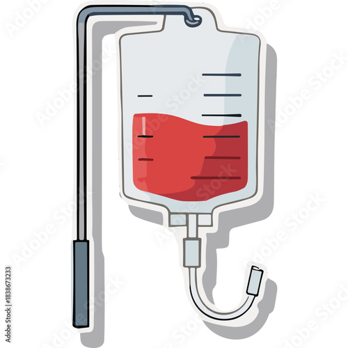 Medical Saline Bag With Red Liquid Hanging On Hook Simple Cartoon Illustration Isolated On White Background Represents Blood Transfusion Or Intravenous Therapy