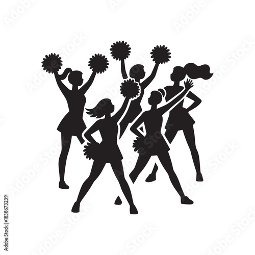 Dynamic Group of Five Cheerleaders Posing and Cheering with Pom-Poms.