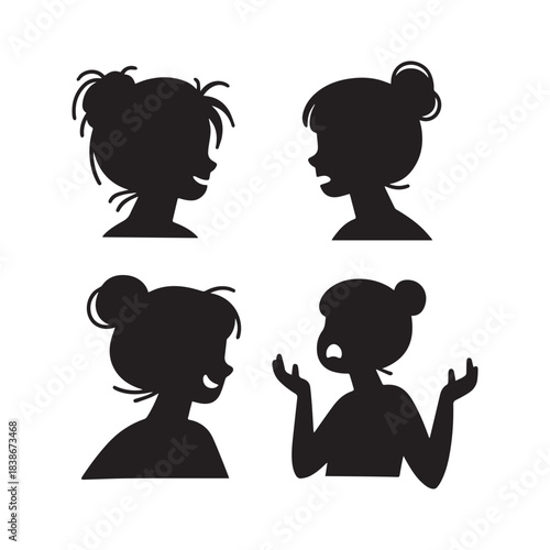  Four Black Silhouettes of a Woman with Bun Showing Different Emotions.
