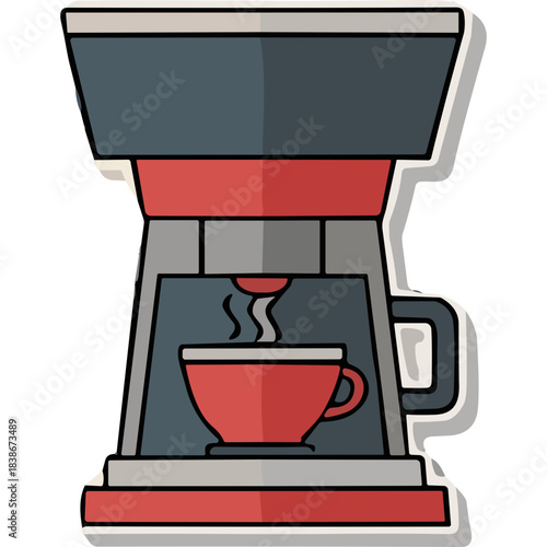 Modern Coffee Maker With Steaming Red Cup Full Of Hot Beverage Isolated On White Background Simple Flat Design With Red Grey Black Colors For Kitchen Appliance Concept