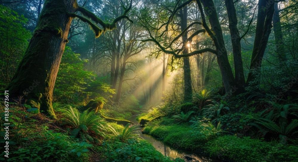 Obraz premium Forest scene with sun rays piercing through trees, casting light on lush green foliage
