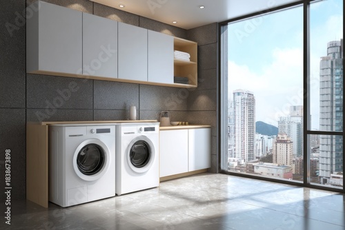 Modern laundry room with washing machines and city view.
