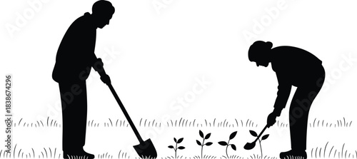 Silhouette of man and woman gardening, planting together, working in garden, farming concept, agriculture teamwork, eco lifestyle, environmental care