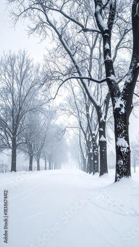 Winter Wonderland - Snow-Covered Trees Line a Serene Path on a Cold, Misty Day.