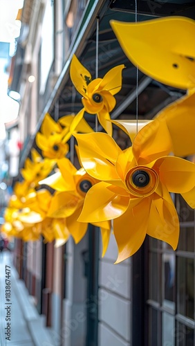 Yellow pinwheels adorn a narrow street, creating a vibrant and playful atmosphere with a shallow depth of field.