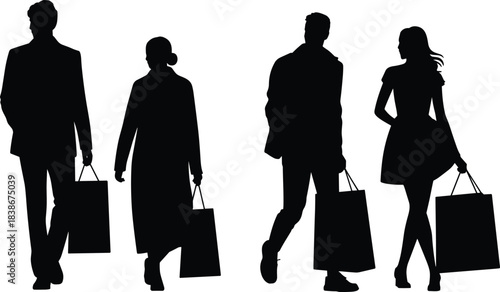 Silhouette of people walking with shopping bags, men and women shoppers, fashion style, retail store, consumer lifestyle, urban shopping concept