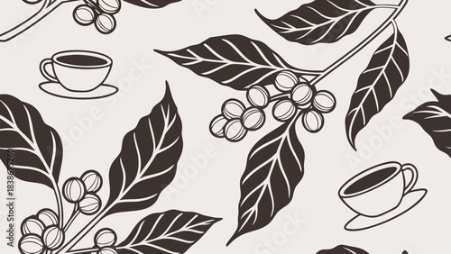 Seamless Coffee Pattern with Branches, Beans, Leaves, and Cups