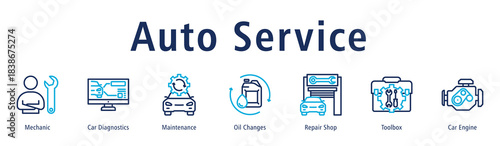 Auto Service web banner icon vector illustration with icons of Mechanic, Car Diagnostics, Maintenance, Oil Changes, Repair Shop, Toolbox and Car Engine.