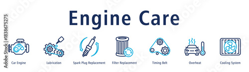 Engine Care web banner icon vector illustration with icons of Car Engine, Lubrication, Spark Plug Replacement, Filter Replacement, Timing Belt, Overheat and Cooling System.