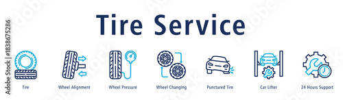 Tire Service web banner icon vector illustration with icons of Tire, Wheel Alignment, Wheel Pressure, Wheel Changing, Punctured Tire, Car Lifter and 24 Hours Support.