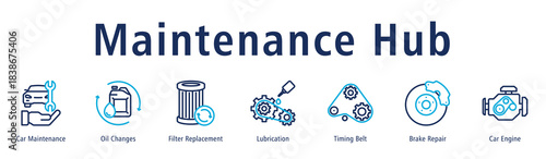 Maintenance Hub web banner icon vector illustration with icons of Car Maintenance, Oil Changes, Filter Replacement, Lubrication, Timing Belt, Brake Repair and Car Engine.