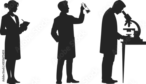Silhouette of scientists working in laboratory, researchers analyzing samples with microscope and flask, science research illustration, medical lab concept,