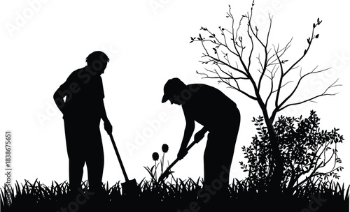 Silhouette of two gardeners working in garden, planting and digging soil, nature conservation, outdoor gardening activity, teamwork, rural landscape scene