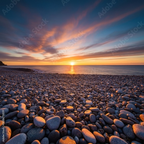 Sunrise over pebble beach with colorful sky, calm water and golden light