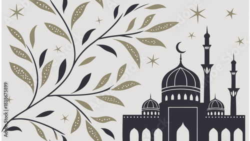Sunset Gradient Sky with Mosque Silhouette Vector Illustration