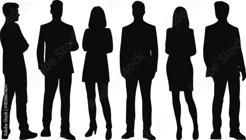 Silhouettes of business professionals standing in formal attire, corporate people poses, office team figures, vector design elements for branding and presentations