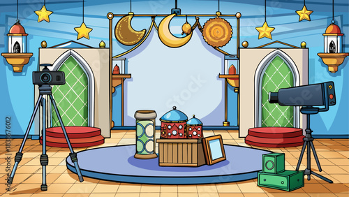 Sunset Gradient Sky with Mosque Silhouette Vector Illustration