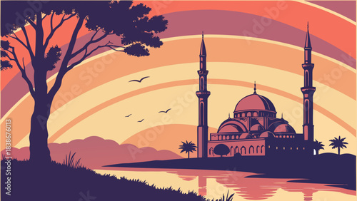 Sunset Gradient Sky with Mosque Silhouette Vector Illustration