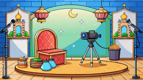 Sunset Gradient Sky with Mosque Silhouette Vector Illustration