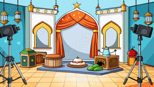 Sunset Gradient Sky with Mosque Silhouette Vector Illustration