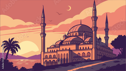 Sunset Gradient Sky with Mosque Silhouette Vector Illustration