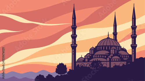 Sunset Gradient Sky with Mosque Silhouette Vector Illustration