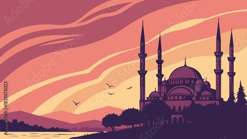 Sunset Gradient Sky with Mosque Silhouette Vector Illustration