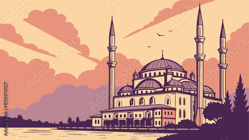 Sunset Gradient Sky with Mosque Silhouette Vector Illustration