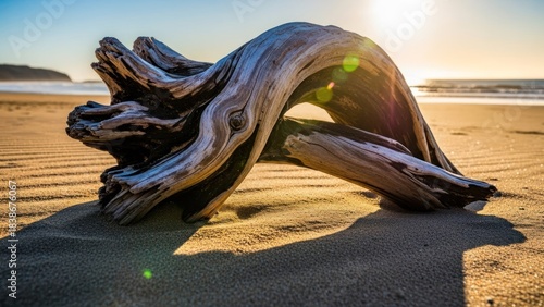 Weathered driftwood on sandy beach, sun setting over the ocean, casting a long shadow