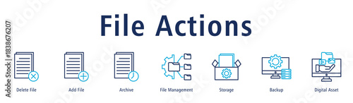 File Actions web banner icon vector illustration with icons of Delete File, Add File, Archive, File Management, Storage, Backup and Digital Asset.