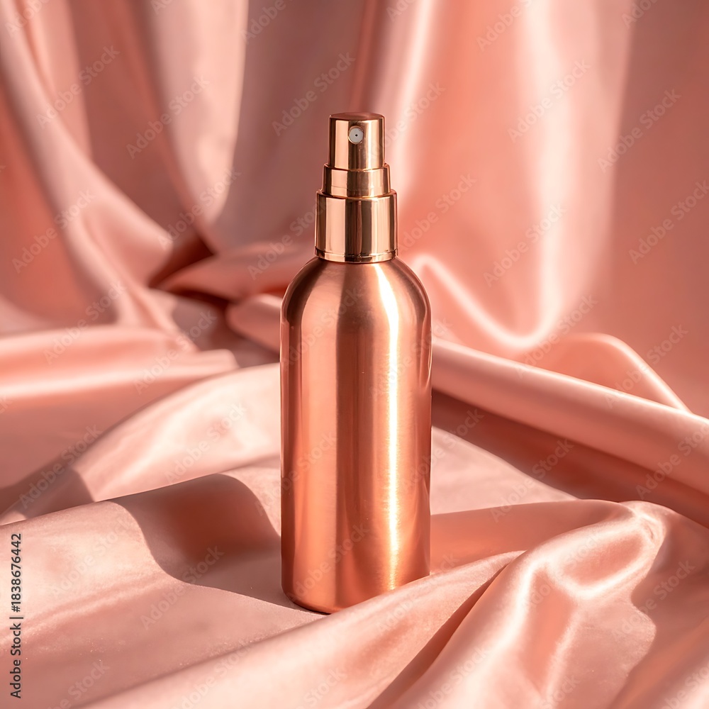 Naklejka premium Bronze bottle center on draped peach fabric with sunlight shadows