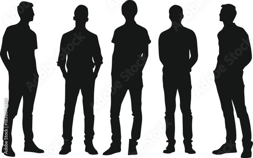 Silhouettes of standing men in casual poses, modern male figures, vector outlines, fashion reference shapes, minimalist design elements for graphic projects,