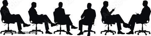 Silhouettes of seated business men on office chairs, professional poses for corporate concepts, teamwork illustration, meeting discussion figures for design use