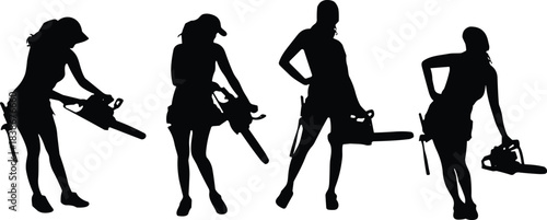 Silhouettes of women holding chainsaws in various standing poses, professional tool operation concept, forestry equipment illustration, confident worker figure set**