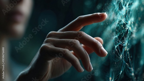 cinematic close-up of a human hand gently touching a transparent screen displaying abstract data visualizations and interconnected lines, cool blue and green light, bokeh effect