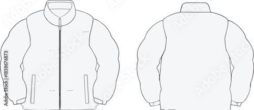 Winter jacket technical sketch showing detailed front and back views, fashion design template, garment outline, apparel vector illustration for designers