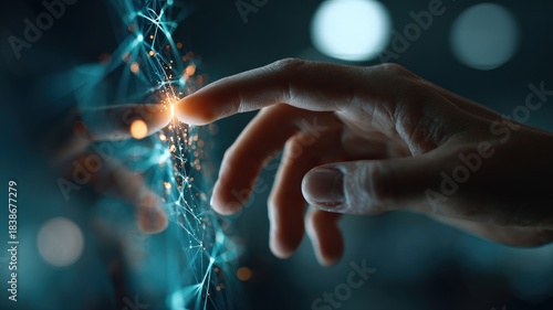 cinematic close-up of a human hand gently touching a transparent screen displaying abstract data visualizations and interconnected lines, cool blue and green light, bokeh effect