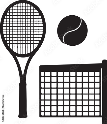 Tennis Racket Ball and Net Silhouette Vector Illustration